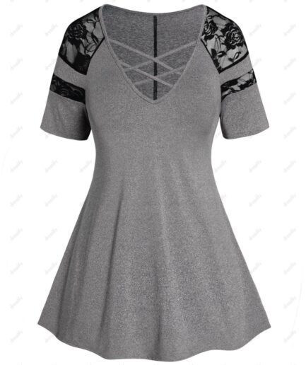 Dresslily Fashion Women Plus Size T Shirt Lattice Strap Flower Lace Panel Short Sleeve Long Curve Tee Clothing L Gray