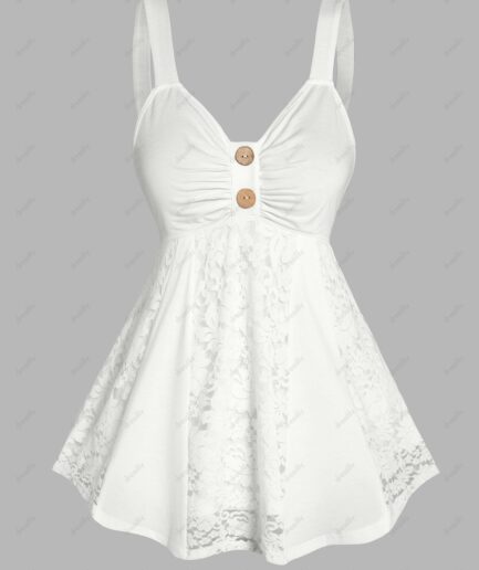 Dresslily Women Plain Color Lace Panel Tank Top Ruched Bust Mock Button Strap Skirted Tank Top Clothing S White