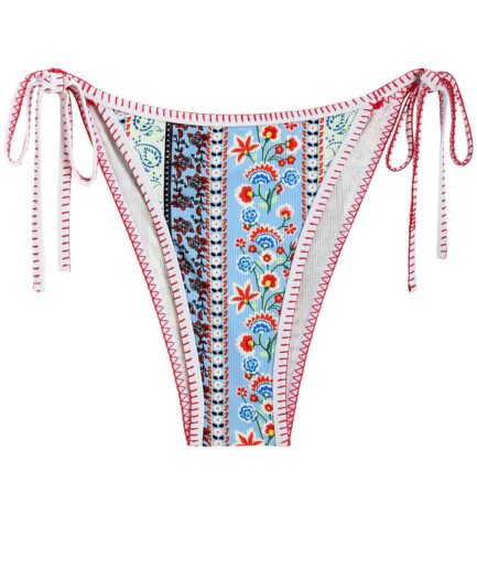 ZAFUL Bohemian Flower Ribbed Whip Stitching Tanga Bikini Bottom L Light blue