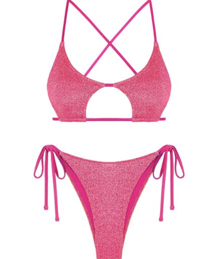 ZAFUL Women's Cutout Tie Side Sparkly Metallic Shiny Criss Cross Star Shaped High Cut Cheeky Bikini Set Swimwear M Light pink
