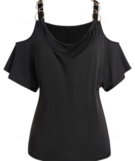 Dresslily Fashion Women Plus Size T Shirt Plain Color O Ring Draped Cold Shoulder Casual Tee Clothing L Black