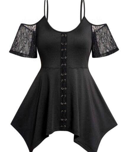 Dresslily Fashion Women Plus Size T Shirt Crisscross Cold Shoulder Lace Panel Asymmetrical Hem Plain Color Tee Clothing L Black
