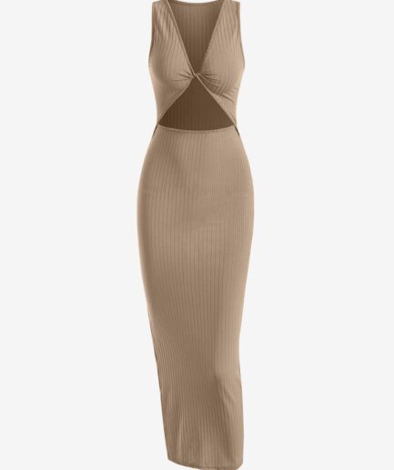 Bodycon Dress Rib-knit Twist Cutout Split Side Slinky Tank Dress L Coffee