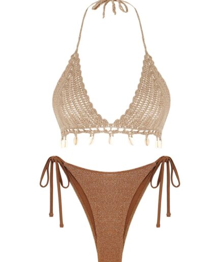 Boho Shell Tassel Crochet Tie Metallic Bikini Swimwear Coffee