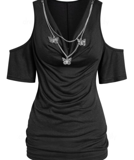 Women Cold Shoulder T Shirt Plain Color Casual Tee With Hollow Out Butterfly Chain Clothing L Black