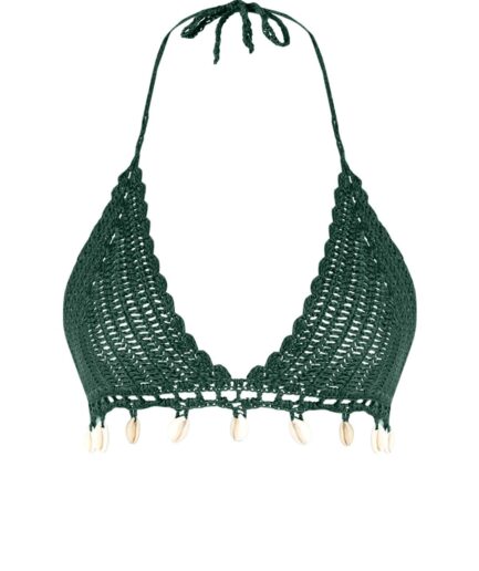 Shell Tassel Crochet Halter Bikini Top M Deep green