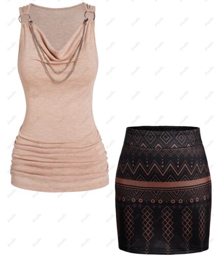 Dresslily Cowl Neck Draped Ruched Chain Embellishment Tank Top And Tribal Geometric Print Mini Zip Fly Skirt Casual Outfit S Multicolor