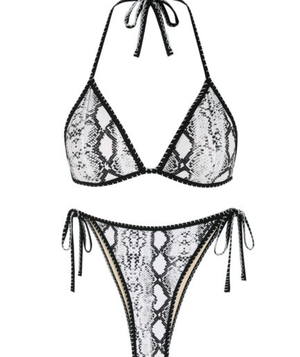 ZAFUL Leopard Snakeskin Whip Stitch Tie String Bikini Swimsuit M Black