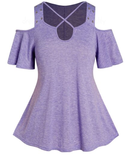 Dresslily Fashion Women Plus Size T Shirt Heather Crisscross Cut Out Grommet Cold Shoulder Casual Tee Clothing L Light purple