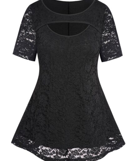 Dresslily Fashion Women Plus Size T Shirt Plain Color Peekaboo Cut Lace Panel Casual Tee Clothing L Black