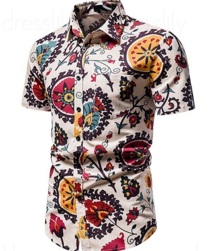 Clothing Online Leaf Flower Allover Printed Shirt Front Pocket Turn Down Collar Vacation Shirt M Multicolor