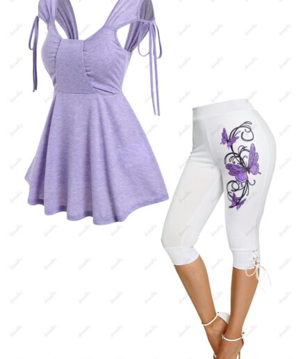 Dresslily Space Dye Print Cold Shoulder Drawstring T Shirt And Butterfly Print Lace Up Capri Leggings Casual Outfit S Multicolor