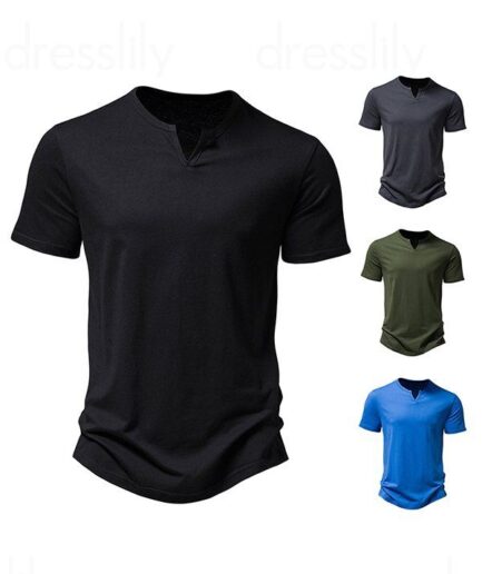 Men T-Shirts V Notched T Shirt Plain Color Round Neck Short Sleeve Basic Tee Clothing Online S Black