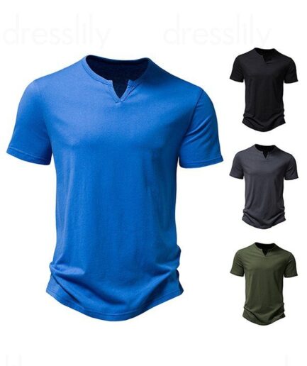 Men T-Shirts V Notched T Shirt Plain Color Round Neck Short Sleeve Basic Tee Clothing Online L Blue