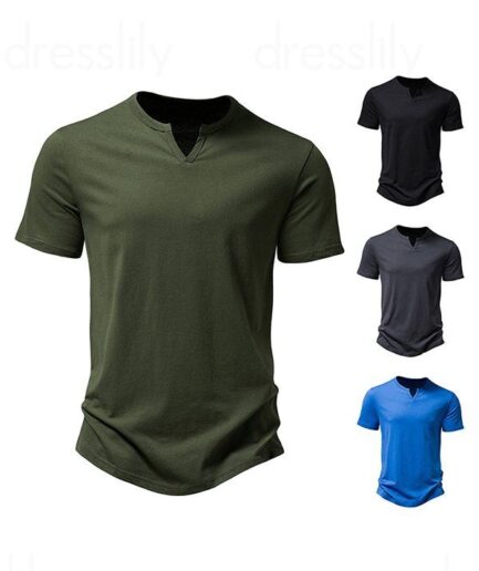 Men T-Shirts V Notched T Shirt Plain Color Round Neck Short Sleeve Basic Tee Clothing Online S Army green