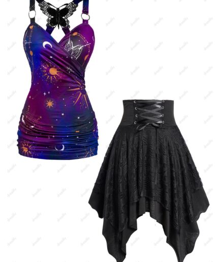 Dresslily Celestial Sun Moon Star Print Butterfly Ruched Surplice Tank Top And Lace Lace Up Asymmetrical Hem Midi Skirt Casual Outfit S Multicolor