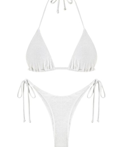 ZAFUL Ribbed Tie Side Metallic Glitter String Bikini Swimwear M White