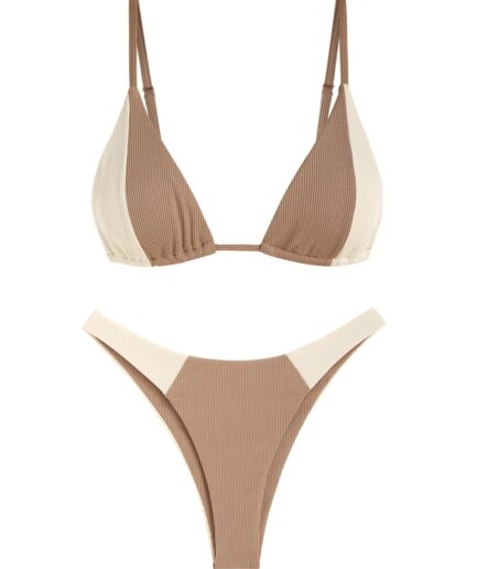 ZAFUL Cheeky Ribbed Two Tone Bikini Swimwear M Coffee