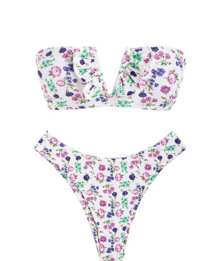 ZAFUL Ditsy Floral Ribbed V-wire Bandeau Bikini Swimwear M Purple