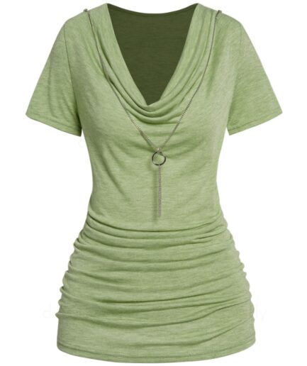 Women Draped T Shirt With O-ring Chain Cowl Neck Heather Ruched Short Sleeve Casual Tee Clothing L Light green
