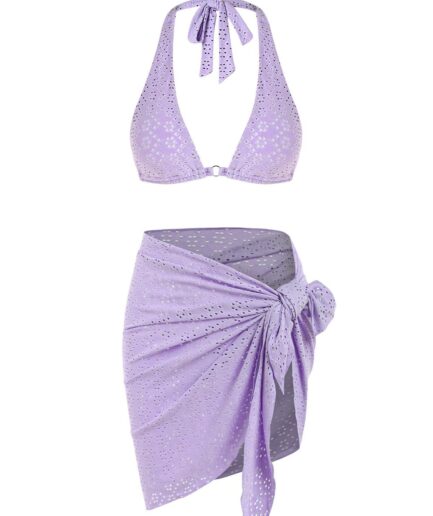 Women Three-Pieces ZAFUL Convertible Eyelet Criss Cross Tie Side Three Piece Bikini Swimwear L Light purple