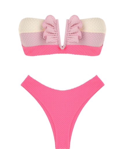ZAFUL Swiss¬†Dot Ruffles V Notch Bandeau Bikini Set L Light pink