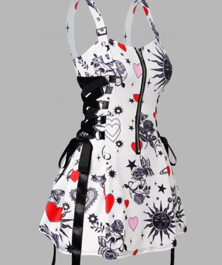 Dresslily Women Celestial Sun Moon Skull Flower Heart Print Lace Up Mini Dress Half Zipper Sleeveless Adjustable Buckle Strap A Line Dress Clothing L