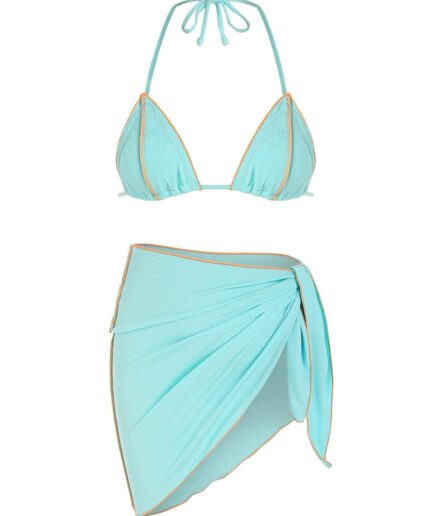 Women Three-Pieces ZAFUL Ribbed Topstitching Halter Three Piece Bikini Set M Light blue