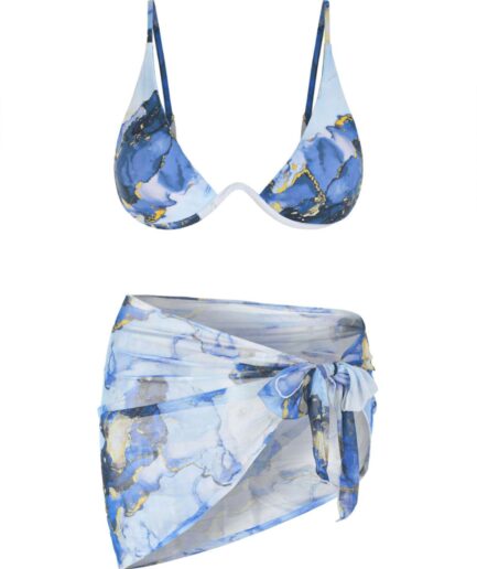 Women Three-Pieces ZAFUL Abstract Print High Leg Mesh Three Piece Monowire Bikini Swimwear L Blue