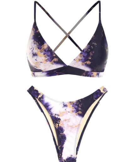 ZAFUL Marble Print Lace Up High Leg Bikini Swimwear L Purple