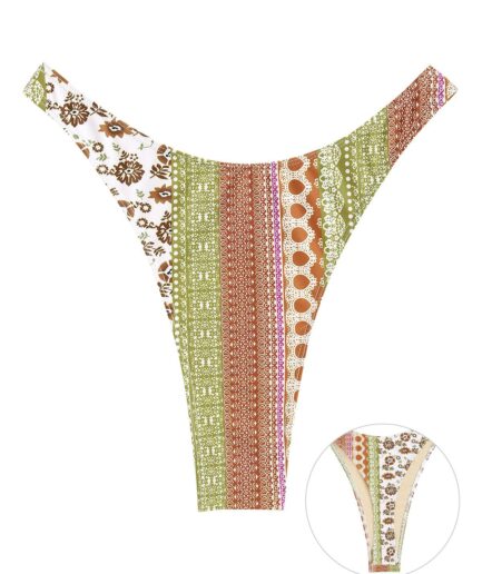 ZAFUL Ethnic Floral Print Thong Bikini Bottom M Coffee