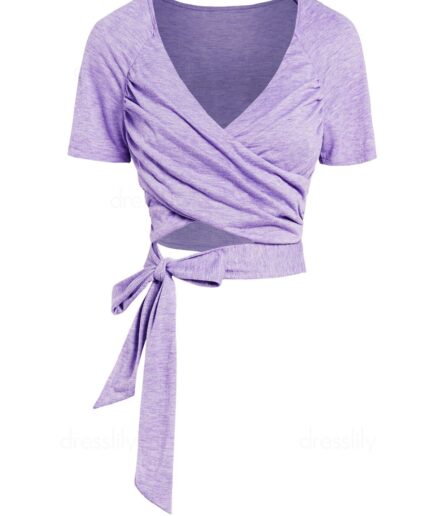 Women Plain Color T Shirt Crossover Tied V Neck Cropped Top Clothing S Light purple
