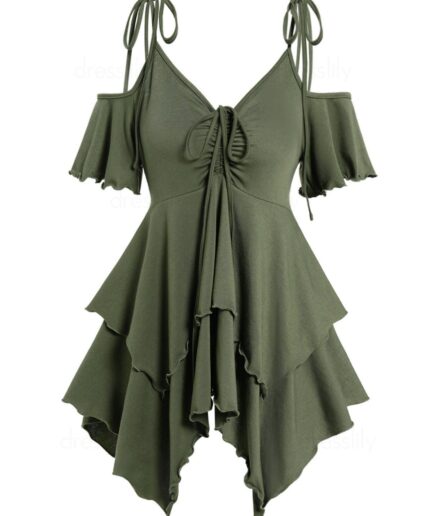 Women Plain Color T Shirt Cinched Ruched Cold Shoulder Tied Shoulder Layered Asymmetrical Hem Tee Clothing M Deep green