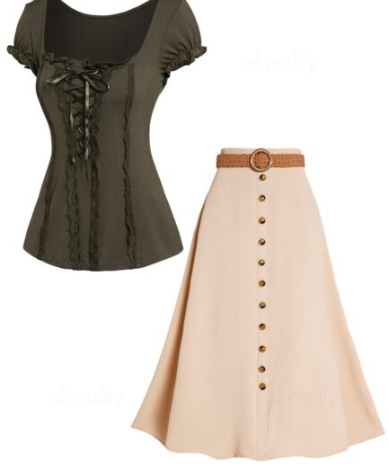 Dresslily Lace Up Lace Insert Ruffle Square Collar T Shirt And Belted Mock Button Maxi Skirt Casual Outfit S Multicolor