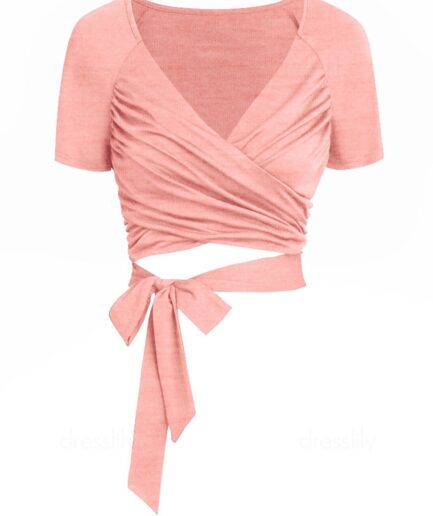 Women Plain Color T Shirt Crossover Tied V Neck Cropped Top Clothing L Light pink