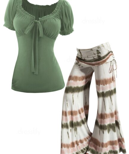 Dresslily Ruffles Bowknot Ruched Empire Waist T Shirt And Tie Dye Print Cinched Foldover Wide Leg Pants Casual Outfit S Multicolor