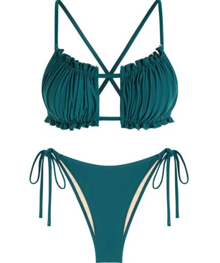 ZAFUL Ruffle Tie Side Low Waisted Frilled Criss Cross Bikini Swimwear L Blue
