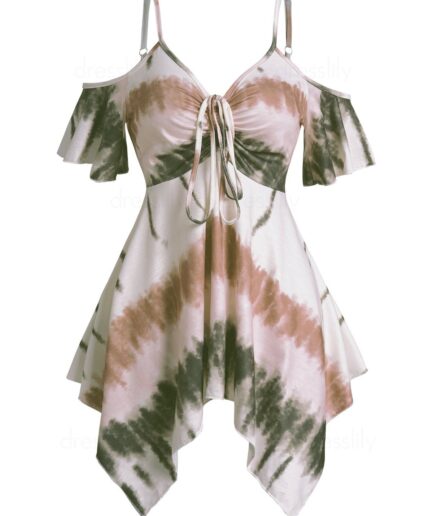 Women Tie Dye Print Cold Shoulder Asymmetric T-shirt Cinched Multi-way Short Sleeve Tee Clothing S Light green