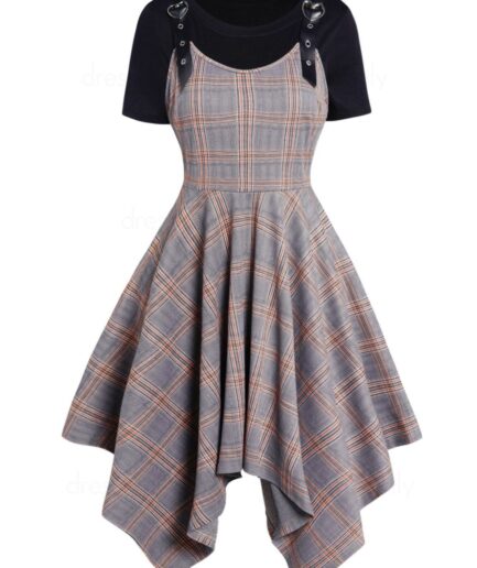 Women Plaid Print Heart-ring Adjustable Strap Asymmetric Dress And Basic Short Sleeve T-shirt Two Piece Set S Gray