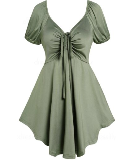 Women Plain Color T Shirt Ruched Tied Convertible Collar Asymmetrical Hem Short Sleeve Casual Tee Clothing M Light green