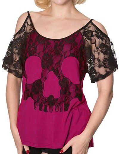 Dresslily Fashion Women Plus Size & Curve Cold Shoulder T-shirt Rose Skull Print Colorblock Lace Panel Short Sleeve Tee Clothing L Multicolor