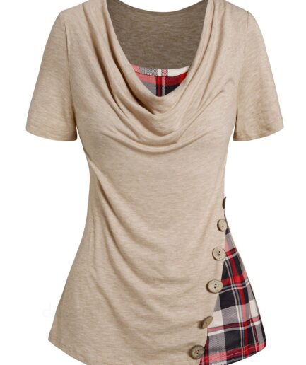 Women Heather Plaid Print Panel T Shirt Cowl Neck Draped Mock Button Short Sleeve Tee Clothing S Light coffee