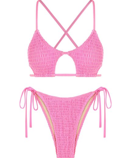 ZAFUL Shiny Keyhole Smocked String Bikini Swimwear M Light pink