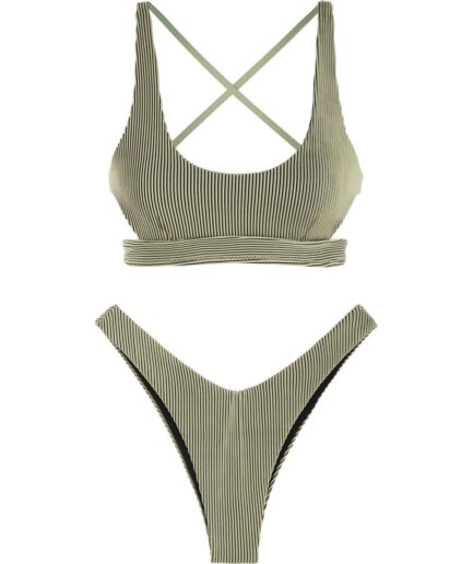 ZAFUL Criss Cross Bikini Top and High Cut Bikini Bottom Set L Green