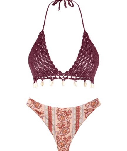 Boho Shell Tassel Crochet Paisley Print Cheeky Bikini Swimwear Deep red