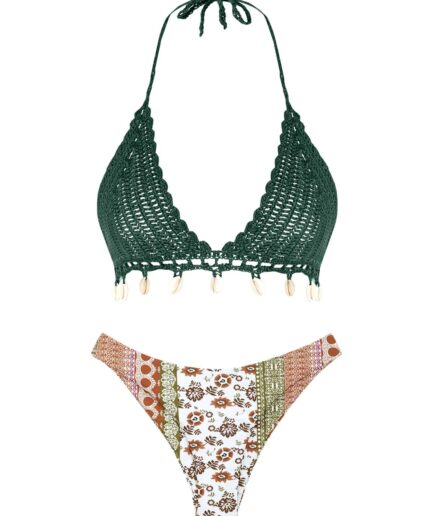 Boho Shell Tassel Crochet Floral Print Cheeky Bikini Swimwear Deep green