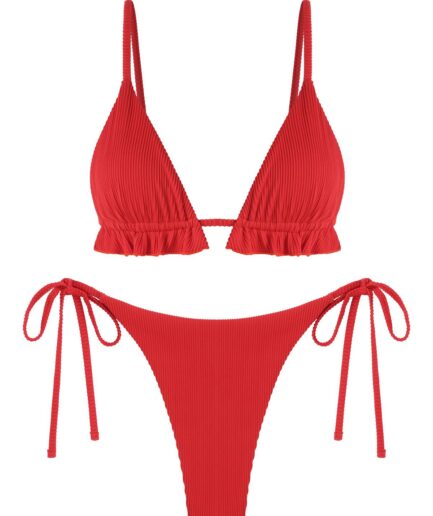 ZAFUL Ribbed Ruffle Tie Side String Bikini Swimwear L Red