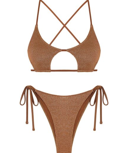 ZAFUL Women's Cutout Tie Side Sparkly Metallic Shiny Criss Cross Star Shaped High Cut Cheeky Bikini Set Swimwear L Coffee