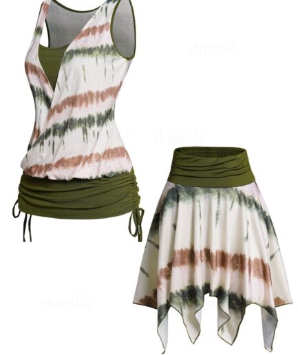 Dresslily Tie Dye Print Colorblock Cinched Crossover Faux Twinset Tank Top And Contrast Color Asymmetric Mini Skirt Outfit S Multicolor