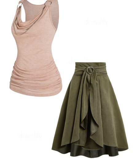 Dresslily Cowl Neck Ruched Chain Embellishment Tank Top And Plain Color Self Belted O-ring Ruffle A Line Midi Skirt Outfit S Multicolor